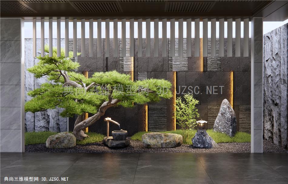 新中式庭院景观造景 罗汉松 石头 水钵 景墙 景观石
