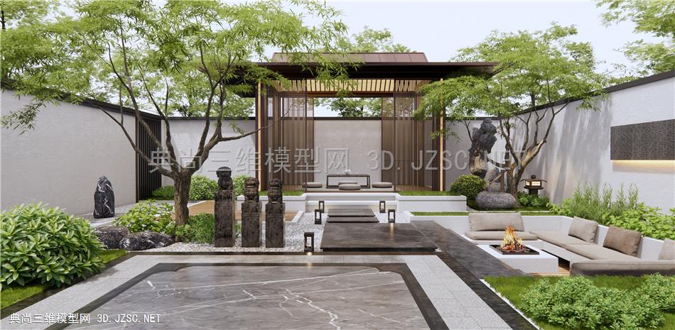 新中式庭院景观 亭子 茶台 下沉户外沙发 枫树 景观树 灌木 石头假山