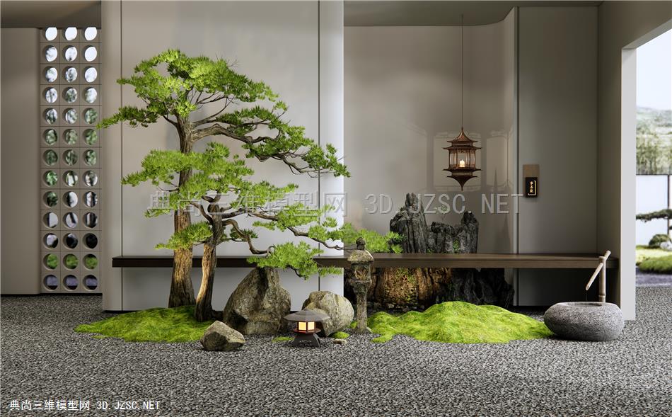 新中式室内景观造景 庭院小品 假山石头 松树 景观石 地灯 水钵 苔藓1