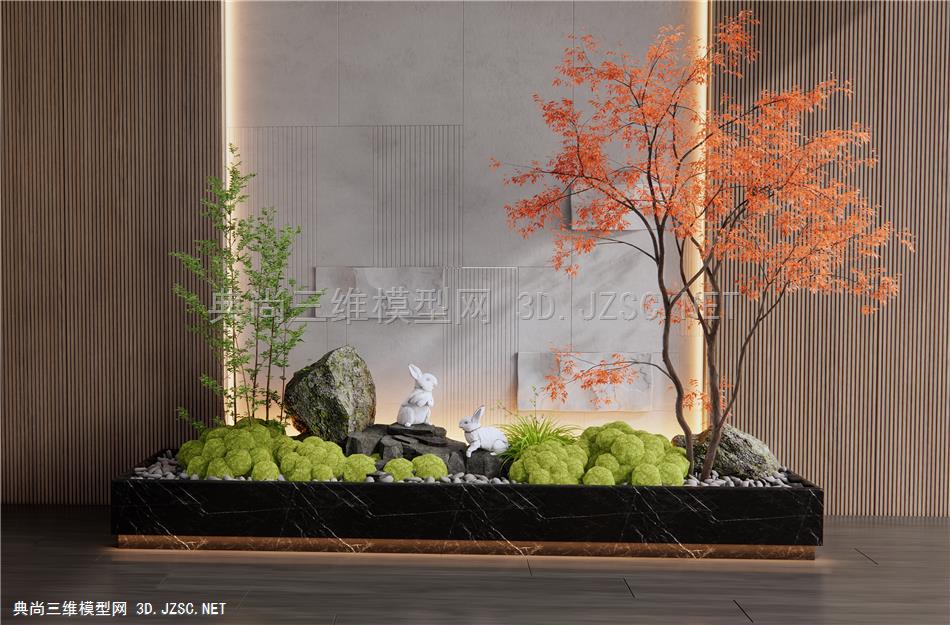 现代室内植物景观造景 庭院小品 苔藓植物 乔木 红枫 石头1