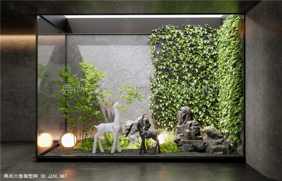 现代室内造景 庭院景观小品 绿植墙 爬山餐 植物景观 假山石头 麋鹿雕塑1