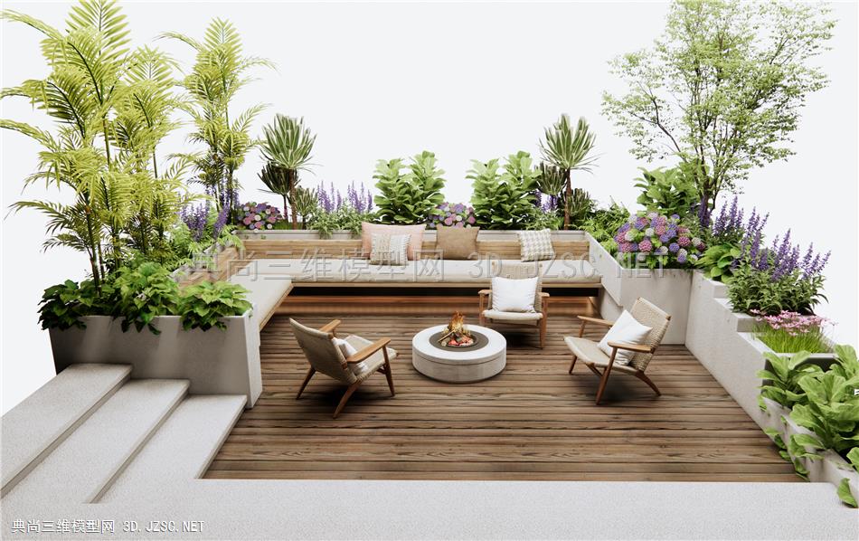 现代下沉庭院户外沙发 户外椅 景观座椅 花草 花槽 植物堆 景观树