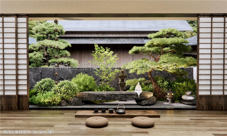 日式庭院景观造景 庭院小品 植物堆 石头 茶室 茶台 坐垫 造景松树 灌木1