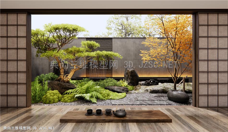日式庭院景观 枯山水 假山水景 景墙 石头 景观树 红枫 松树 苔藓 植物景观