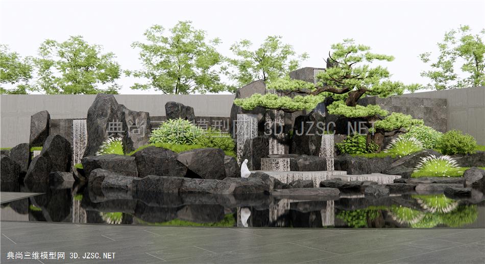 新中式假山水景 叠水景观 石头 水景叠石 迎客松 跌水瀑布 植物景观1