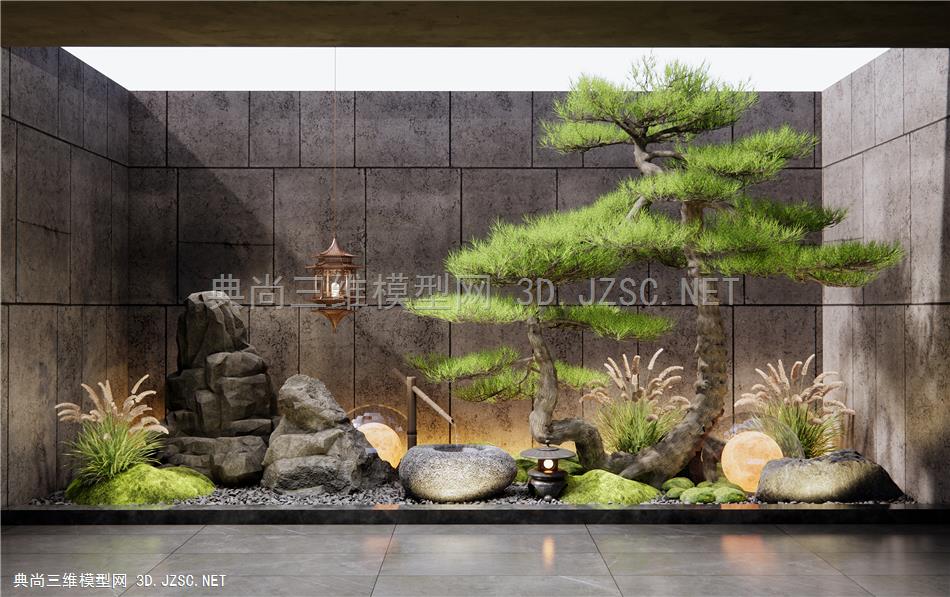 新中式天井庭院小品 景观造景 假山水景 造型松树 苔藓 狼尾草 植物景观 石头