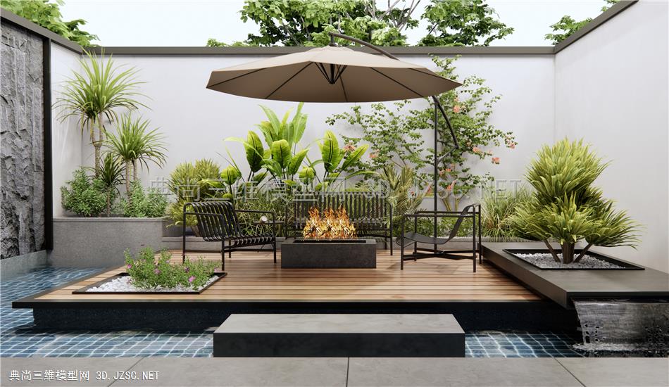 现代户外铁艺沙发 户外桌椅 庭院景观 水景 花草 植物堆1